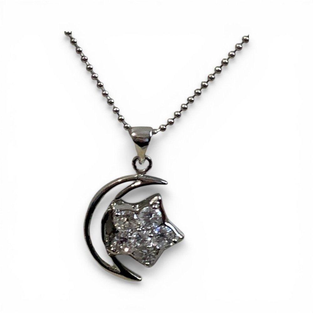 Silver Moon and Star Pendant Necklace with Clear Crystal Accents